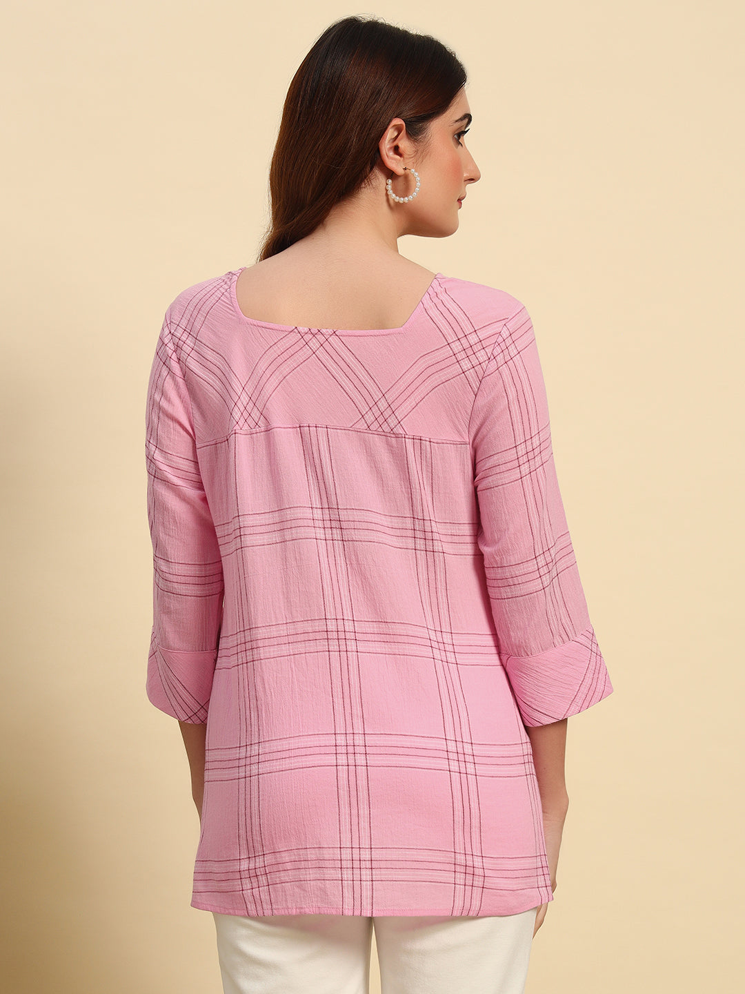 Cotton Crepe Yarn Dyed Check Kurti-SK054-Pink