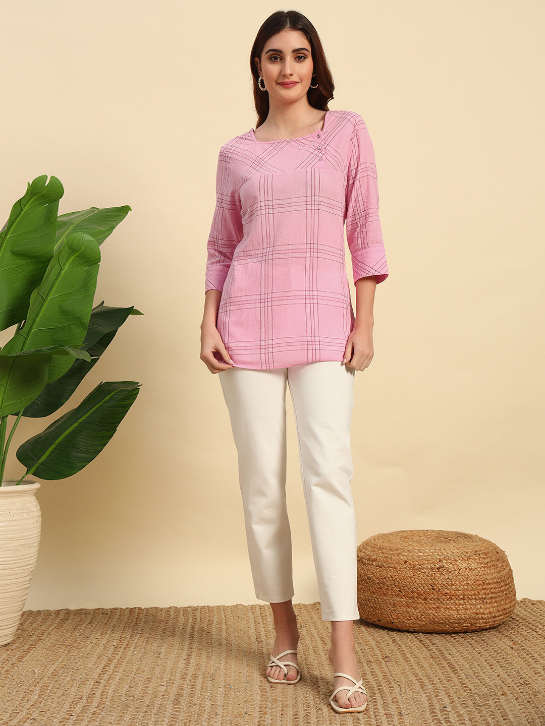 Cotton Crepe Yarn Dyed Check Kurti-SK054