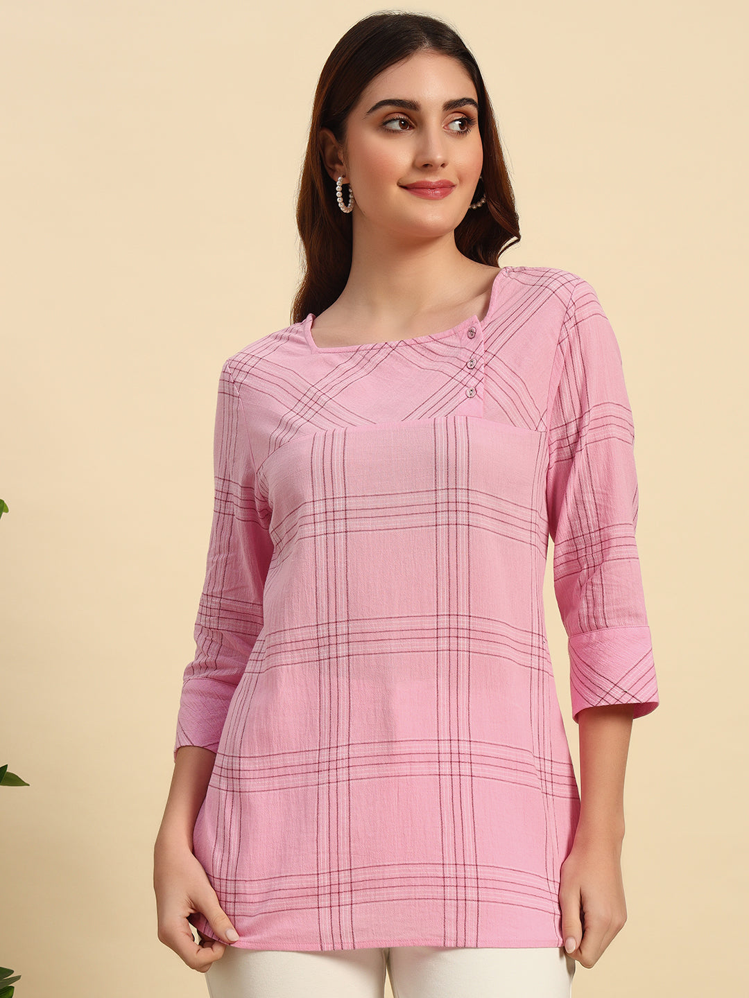 Cotton Crepe Yarn Dyed Check Kurti-SK054-Pink