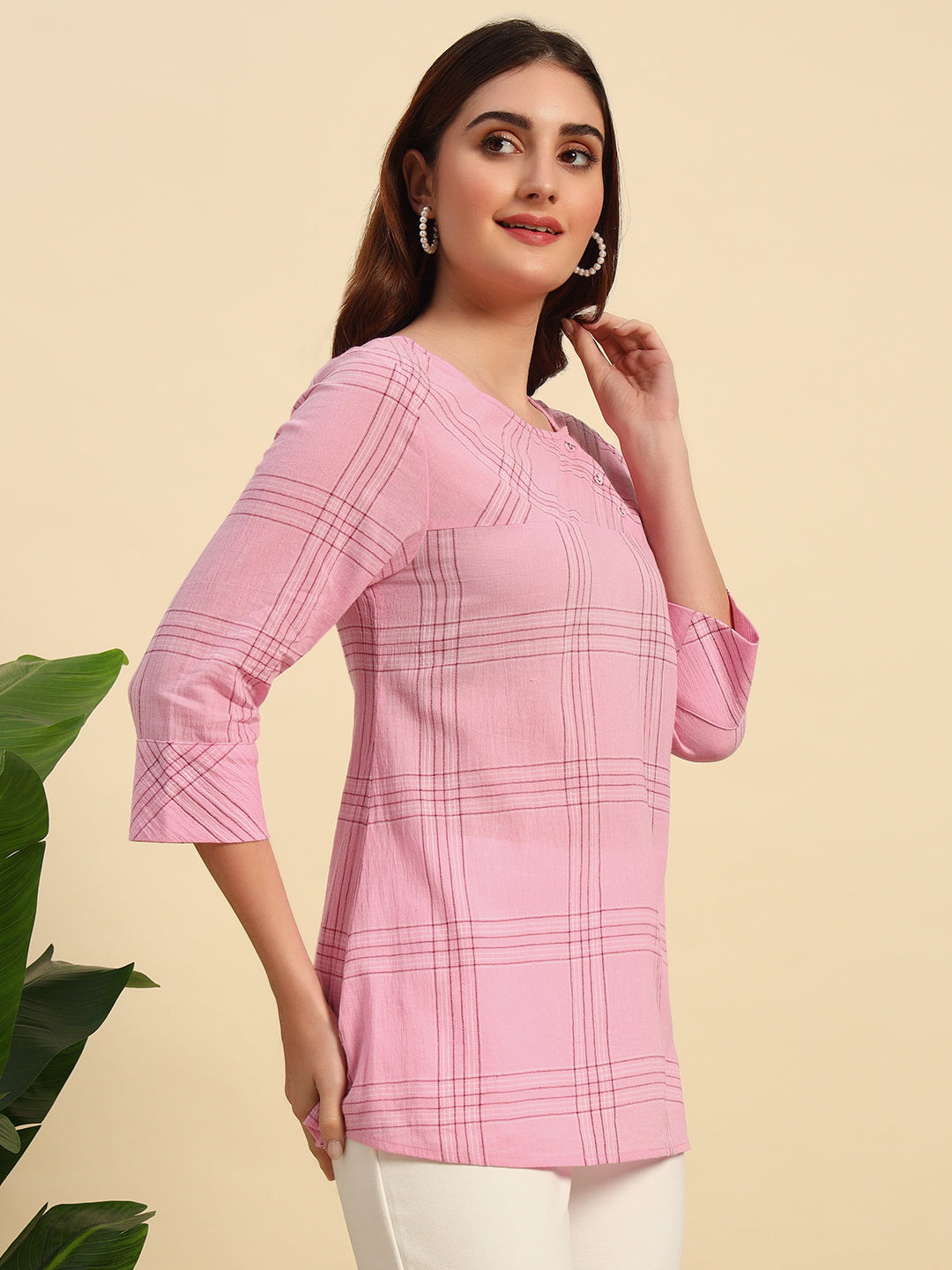 Cotton Crepe Yarn Dyed Check Kurti-SK054-Pink