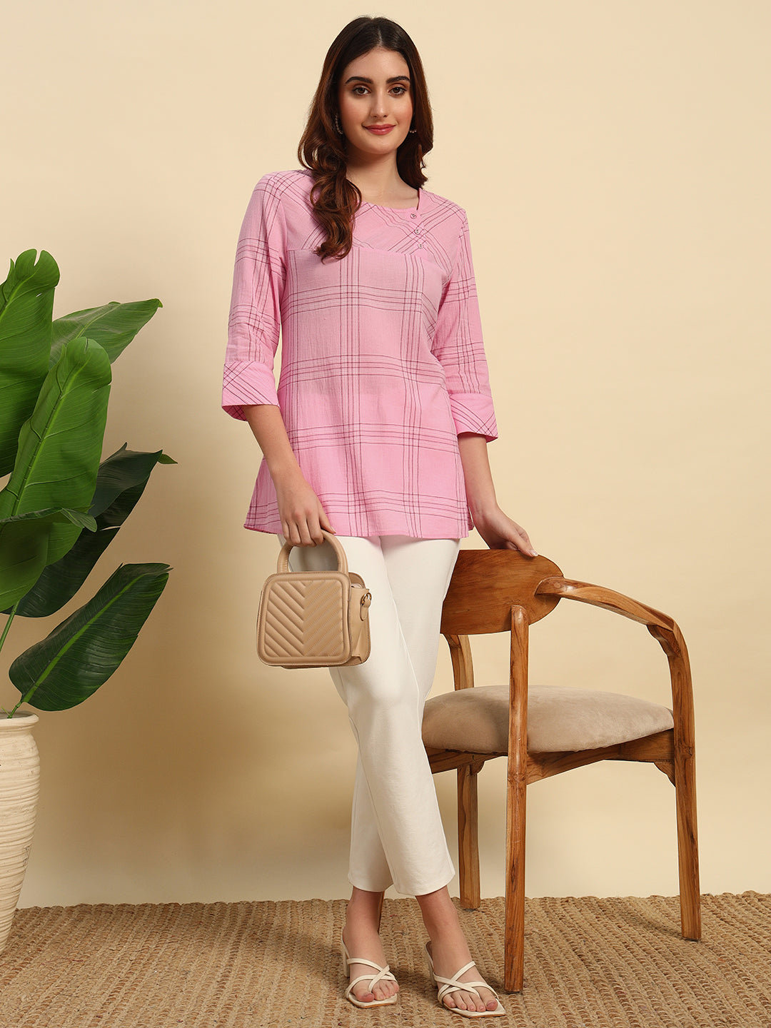 Cotton Crepe Yarn Dyed Check Kurti-SK054