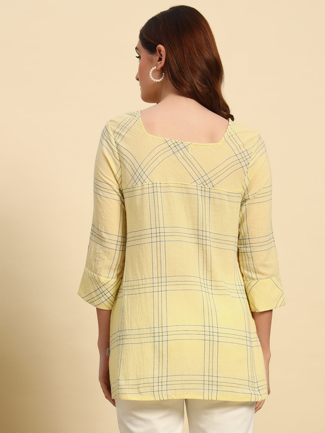 Cotton Crepe Yarn Dyed Check Kurti-SK054-Yellow