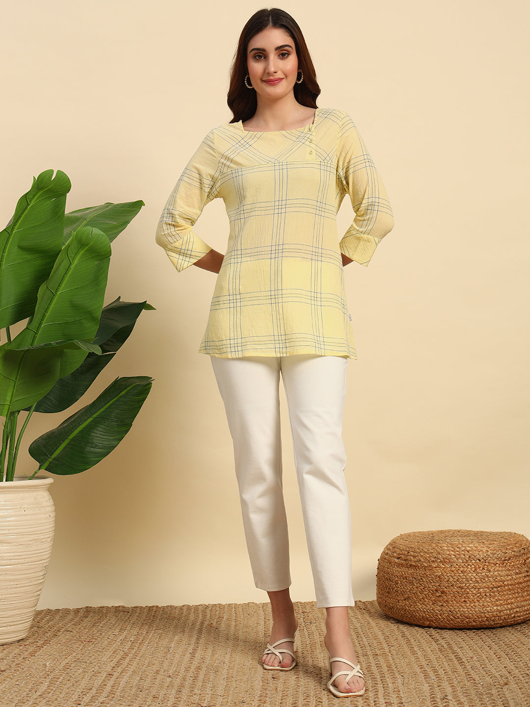 Cotton Crepe Yarn Dyed Check Kurti-SK054-Yellow