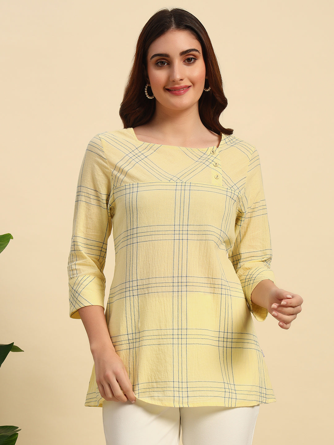 Cotton Crepe Yarn Dyed Check Kurti-SK054-Yellow