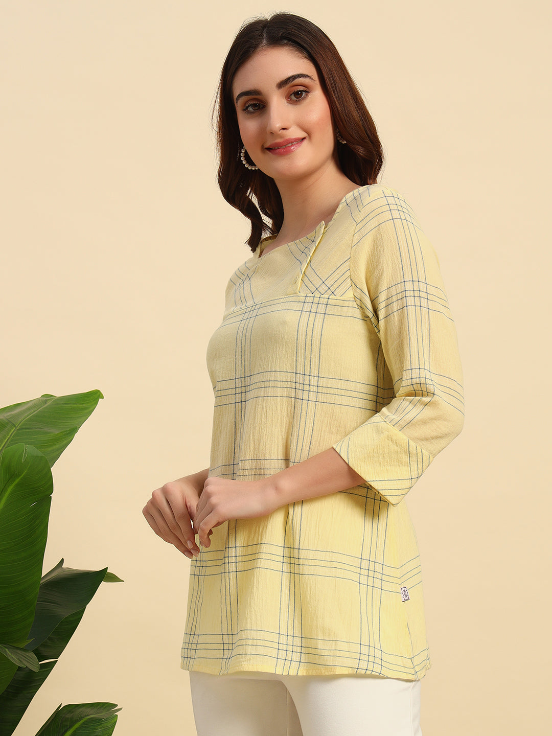 Cotton Crepe Yarn Dyed Check Kurti-SK054-Yellow