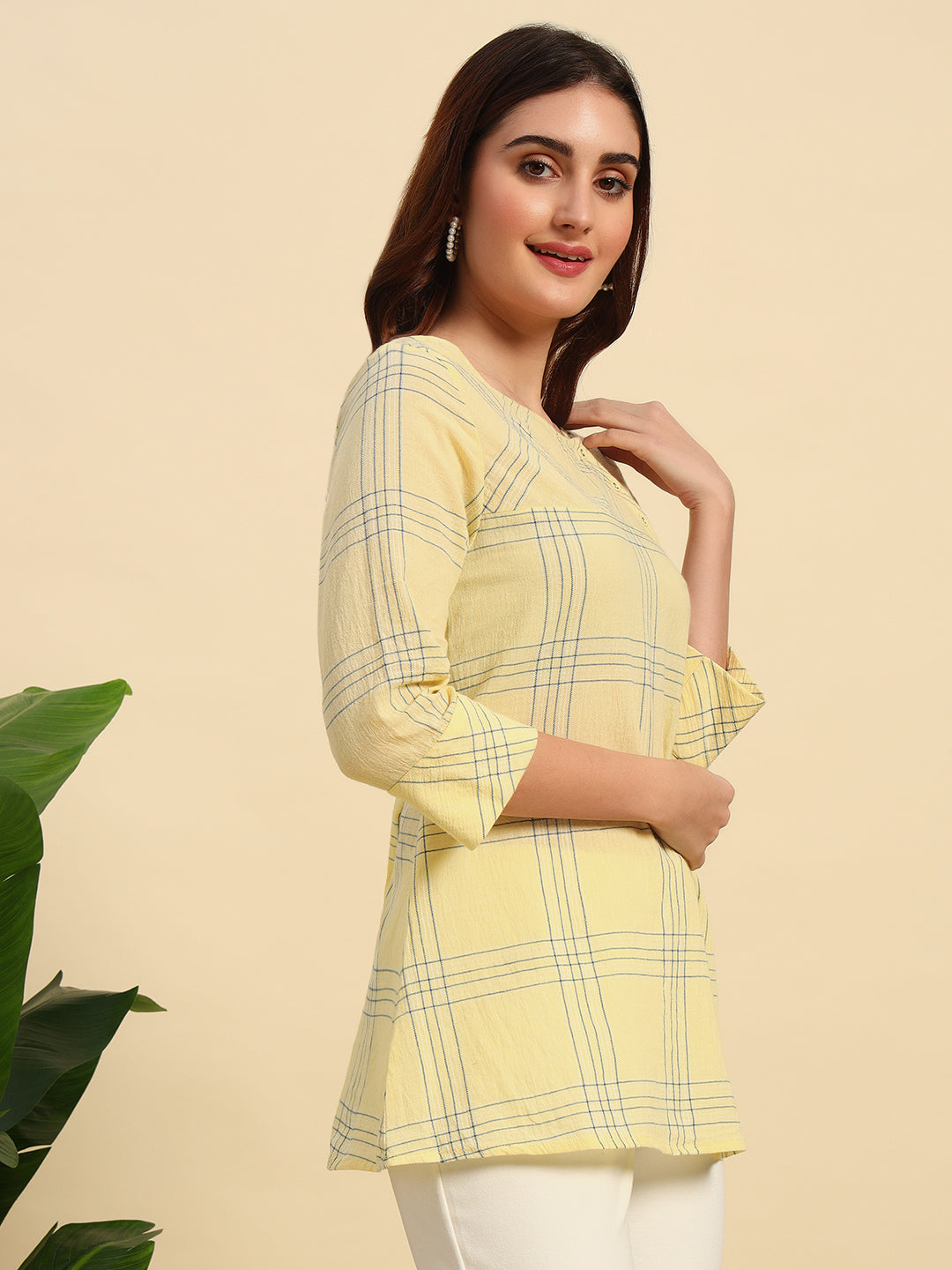 Cotton Crepe Yarn Dyed Check Kurti-SK054-Yellow