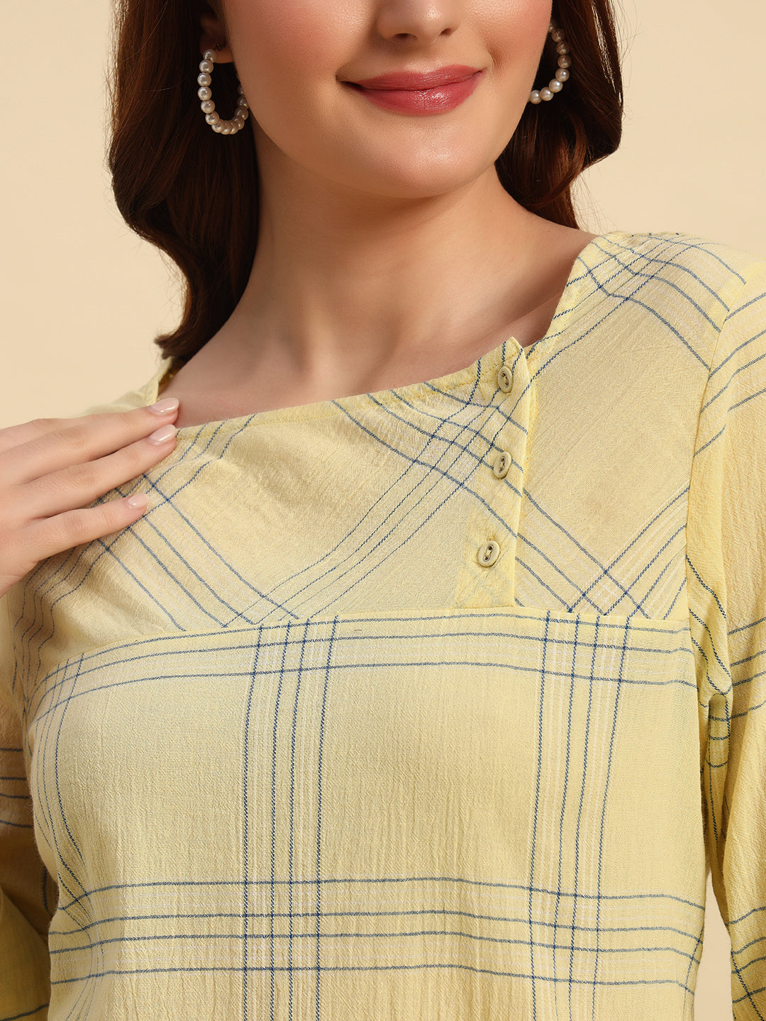 Cotton Crepe Yarn Dyed Check Kurti-SK054-Yellow