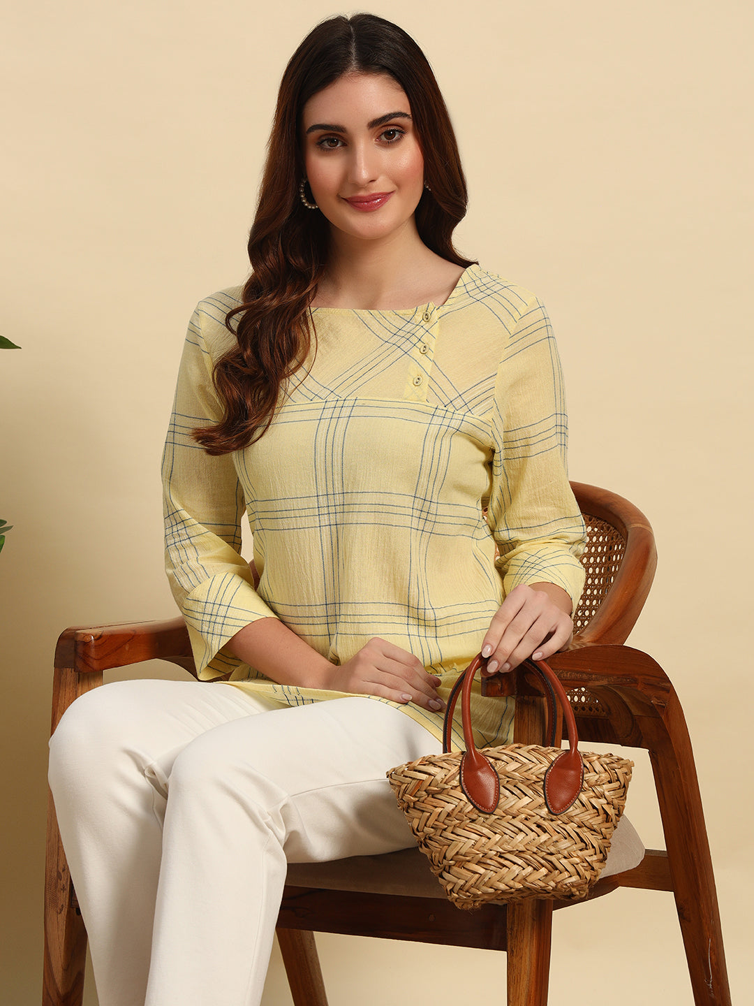 Cotton Crepe Yarn Dyed Check Kurti-SK054-Yellow