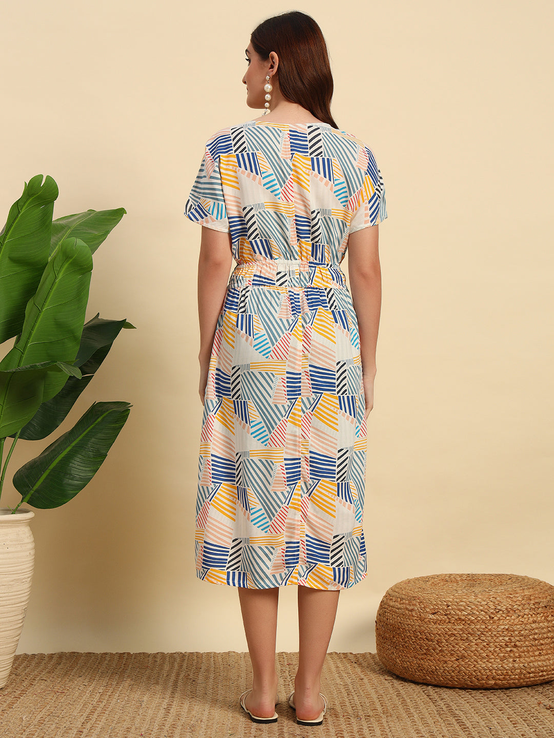 Printed Viscose Dress With Smocked Details at Waist- DR029-Print