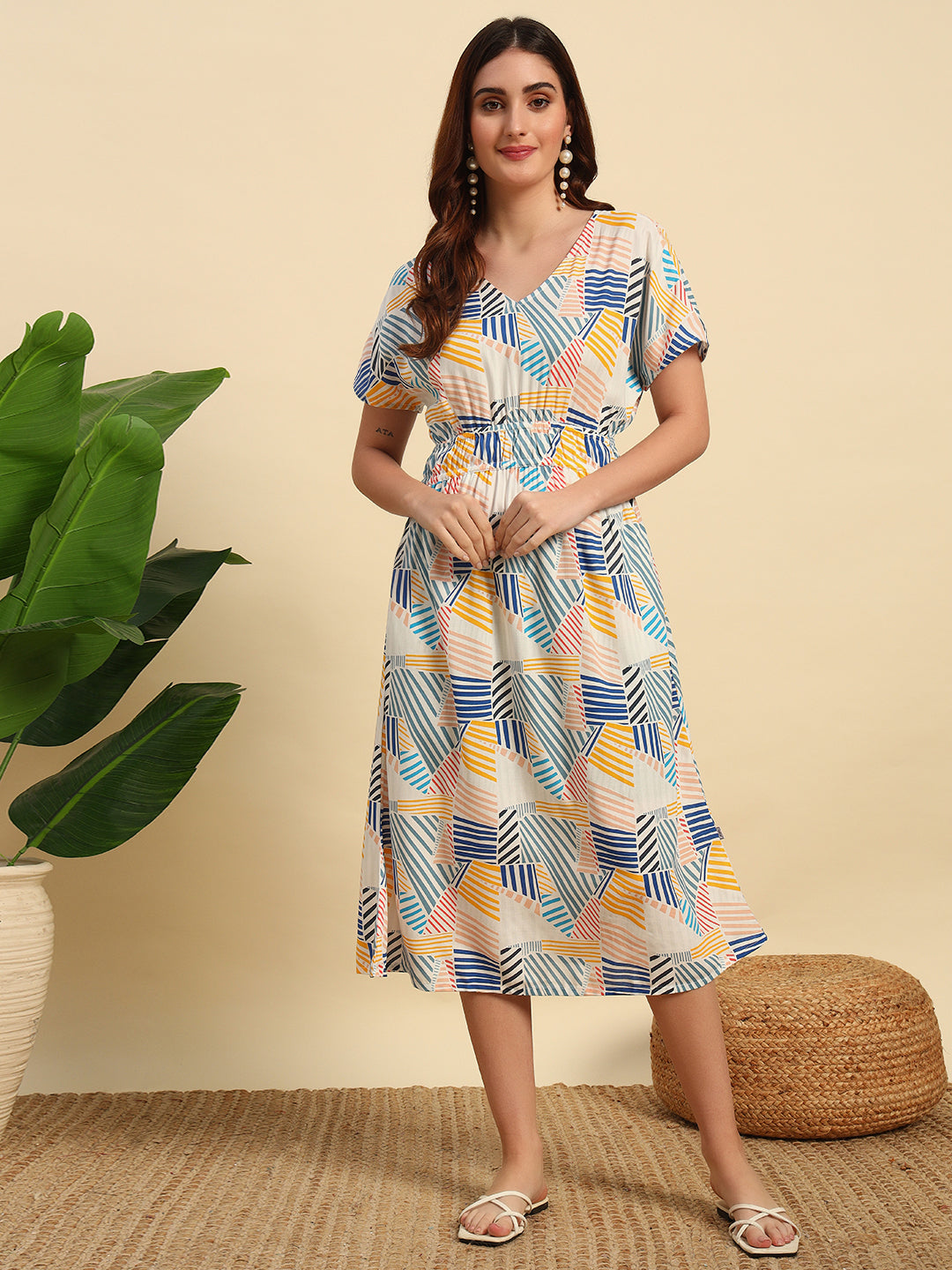Printed Viscose Dress With Smocked Details at Waist- DR029-Print