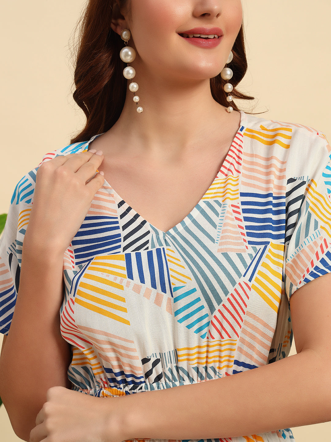 Printed Viscose Dress With Smocked Details at Waist- DR029-Print