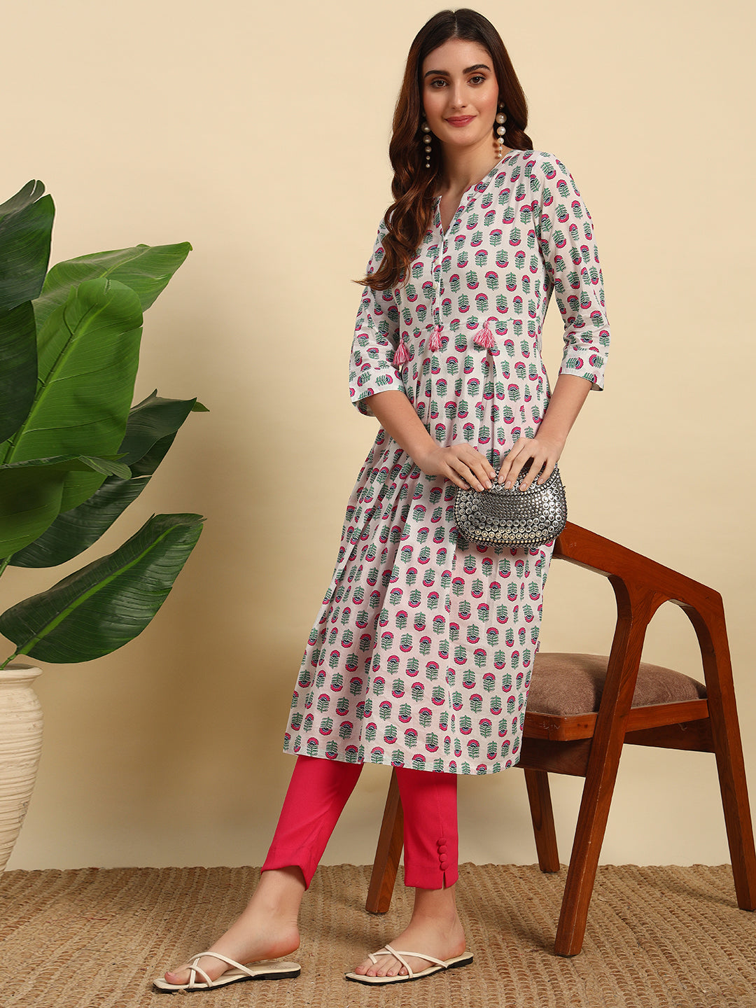 Cotton Printed Kurta with Tassel Details & Inverted Box Pleats-KU032
