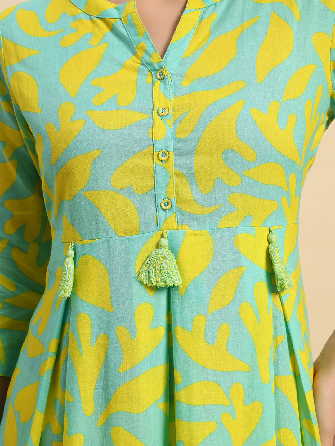Cotton Printed Kurta with Tassel Details & Inverted Box Pleats-KU032 -Yellow