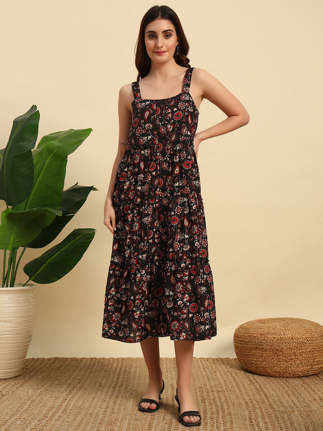 Printed Cotton Lurex Tiered Dress with Lining and Waist Belt-DR060