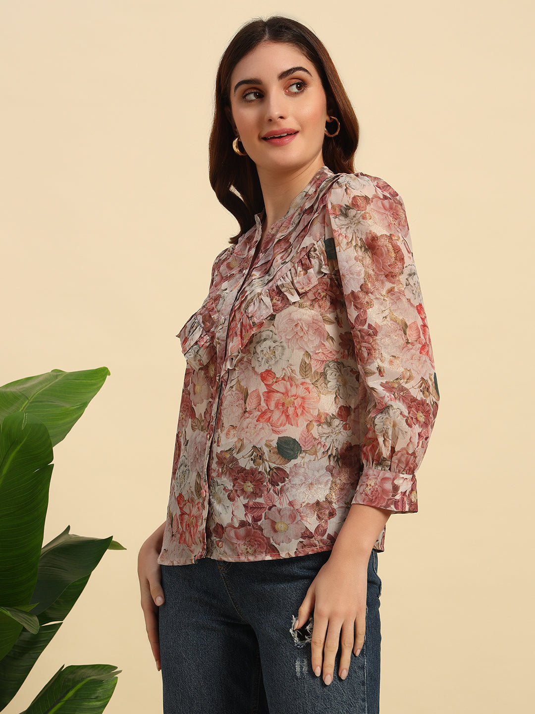 Shimmer Printed Chiffon Frill Top-TP055