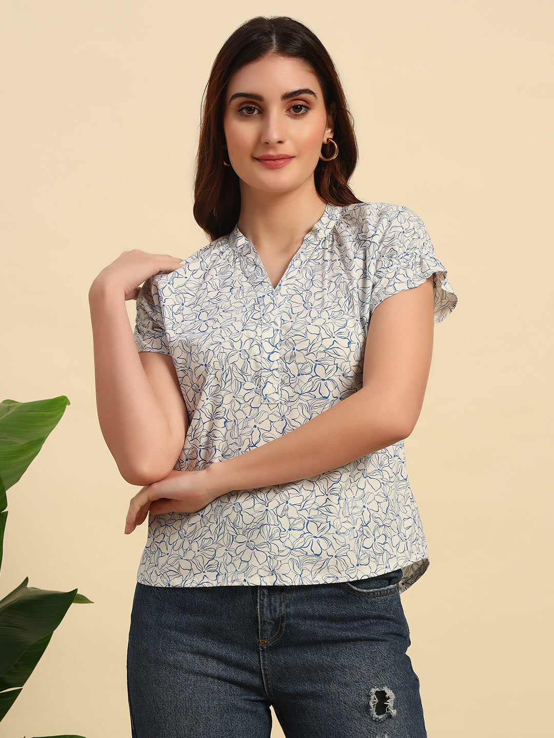 Floral Printed Poplin Top with Gathered Details-TP026