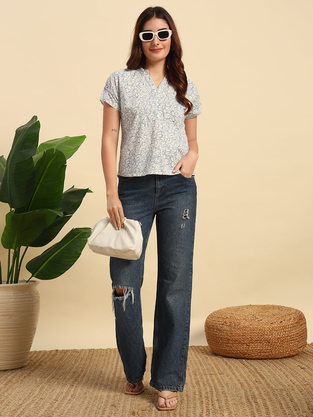 Floral Printed Poplin Top with Gathered Details-TP026