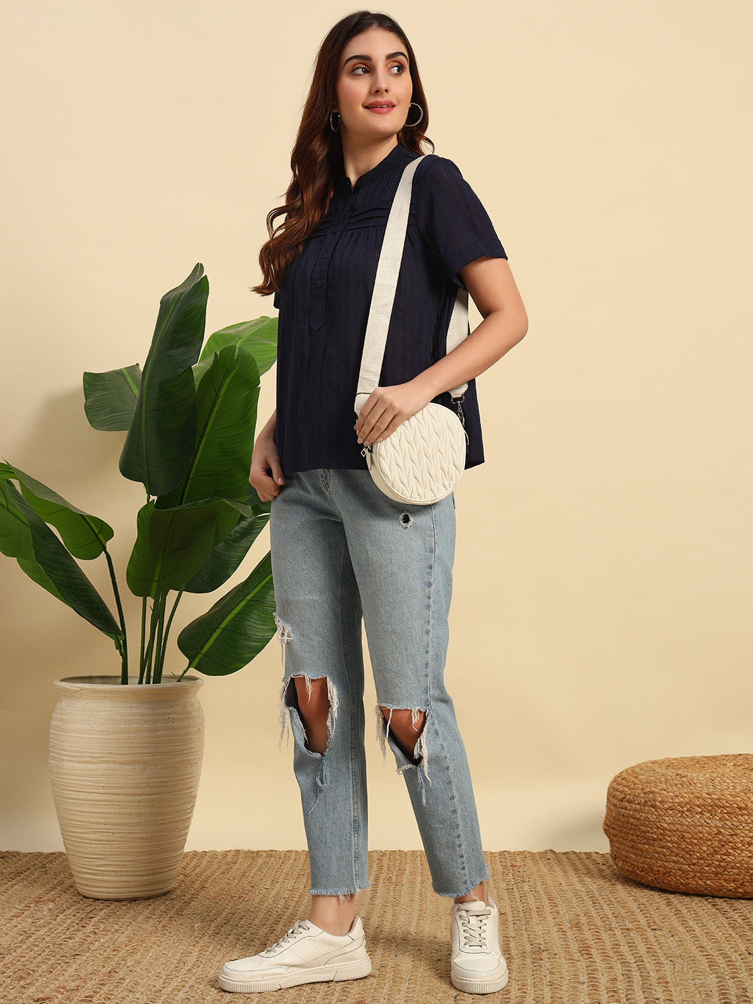 Navy Blue Cotton Dobby Top-BL014