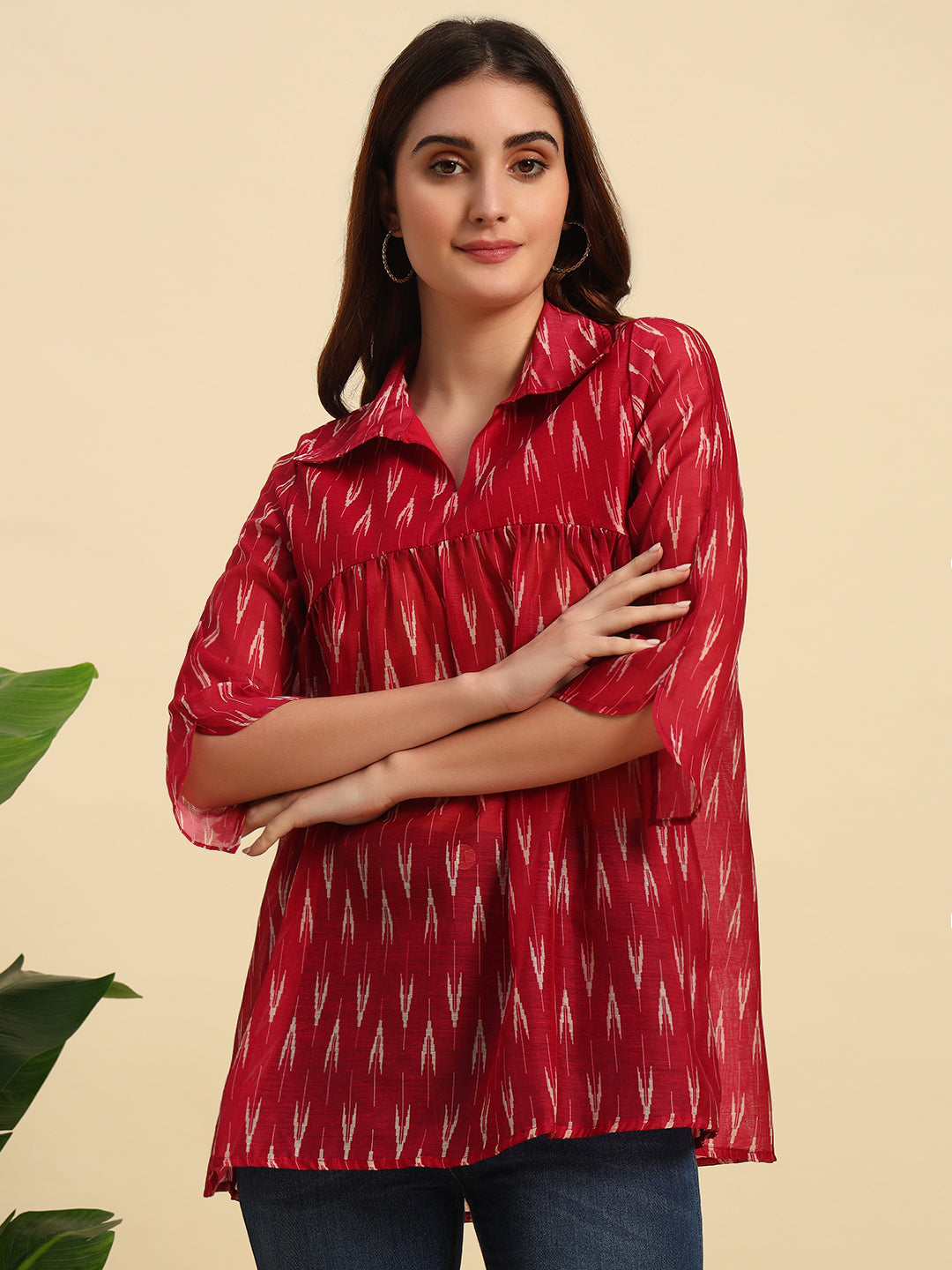 Chanderi Ikkat Print Gathered Top-SK049