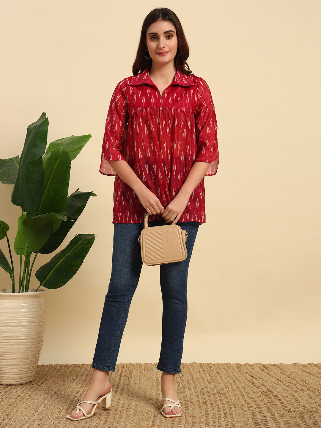 Chanderi Ikkat Print Gathered Top-SK049