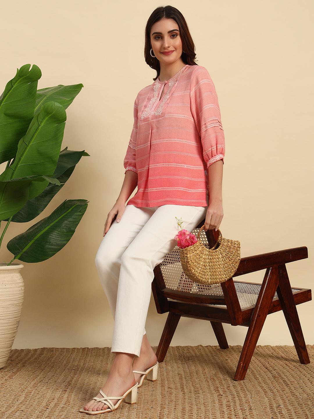 Viscose Linen Sequined Embroidered Kurti With Ombre-SK051