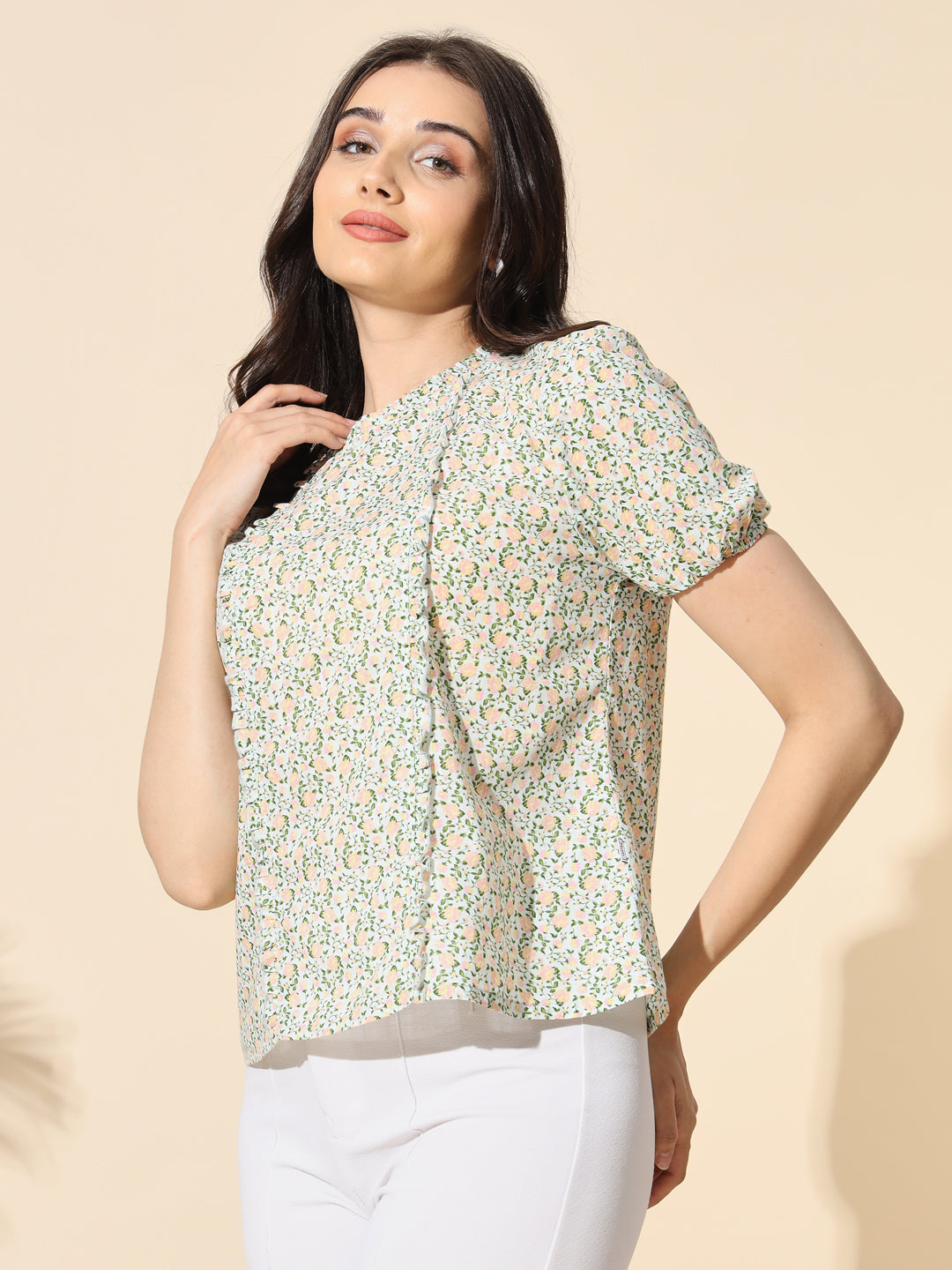 Cotton Print Top With Frill and Ruffle- #TP011- Green