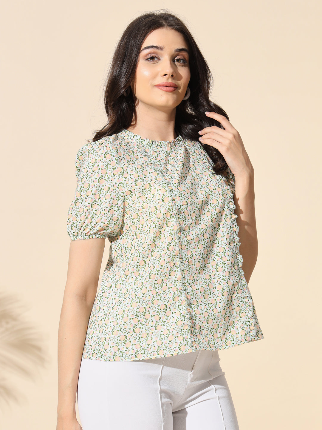 Cotton Print Top With Frill and Ruffle- #TP011- Green