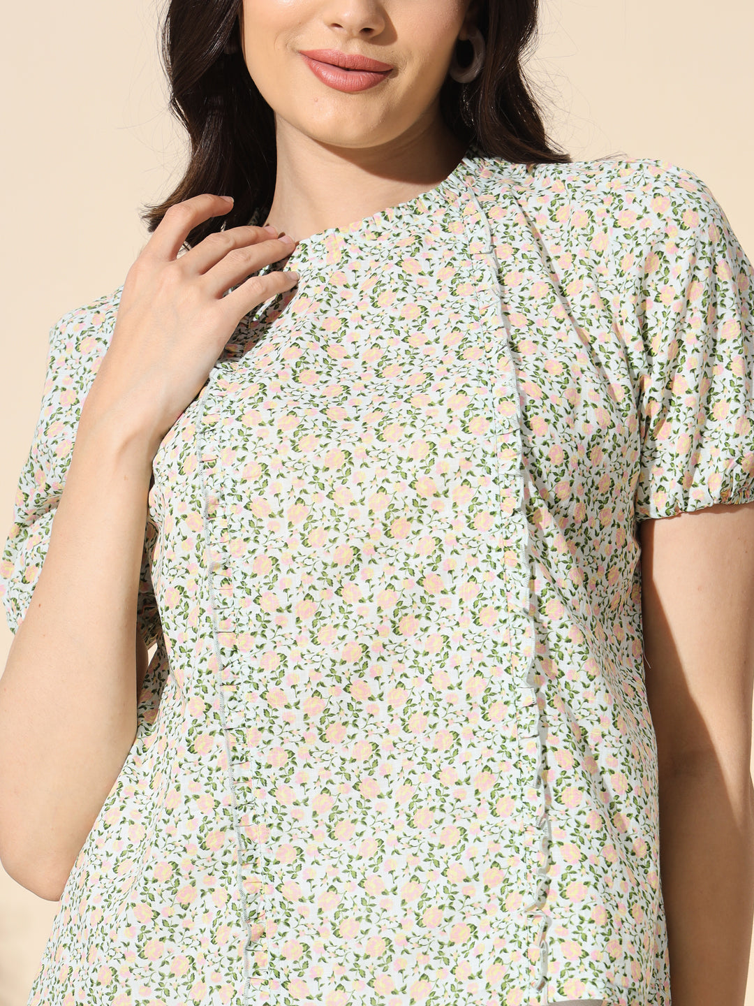 Cotton Print Top With Frill and Ruffle- #TP011- Green