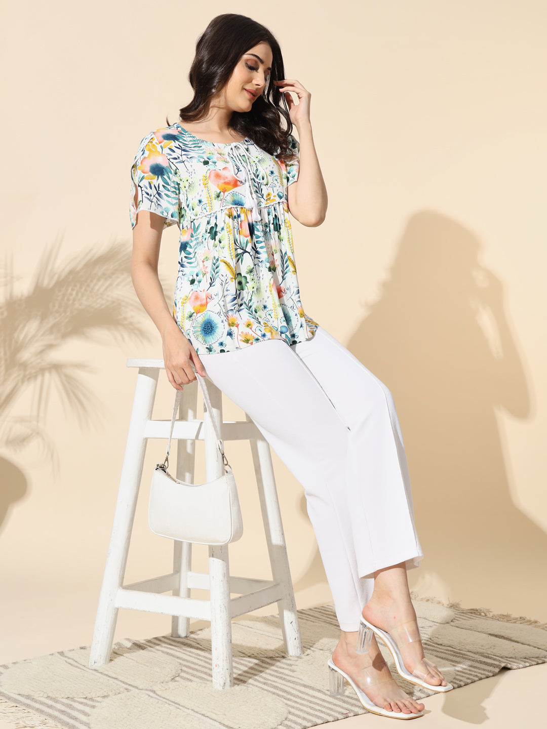 Printed Viscose Top With Tassels- #TP013- White