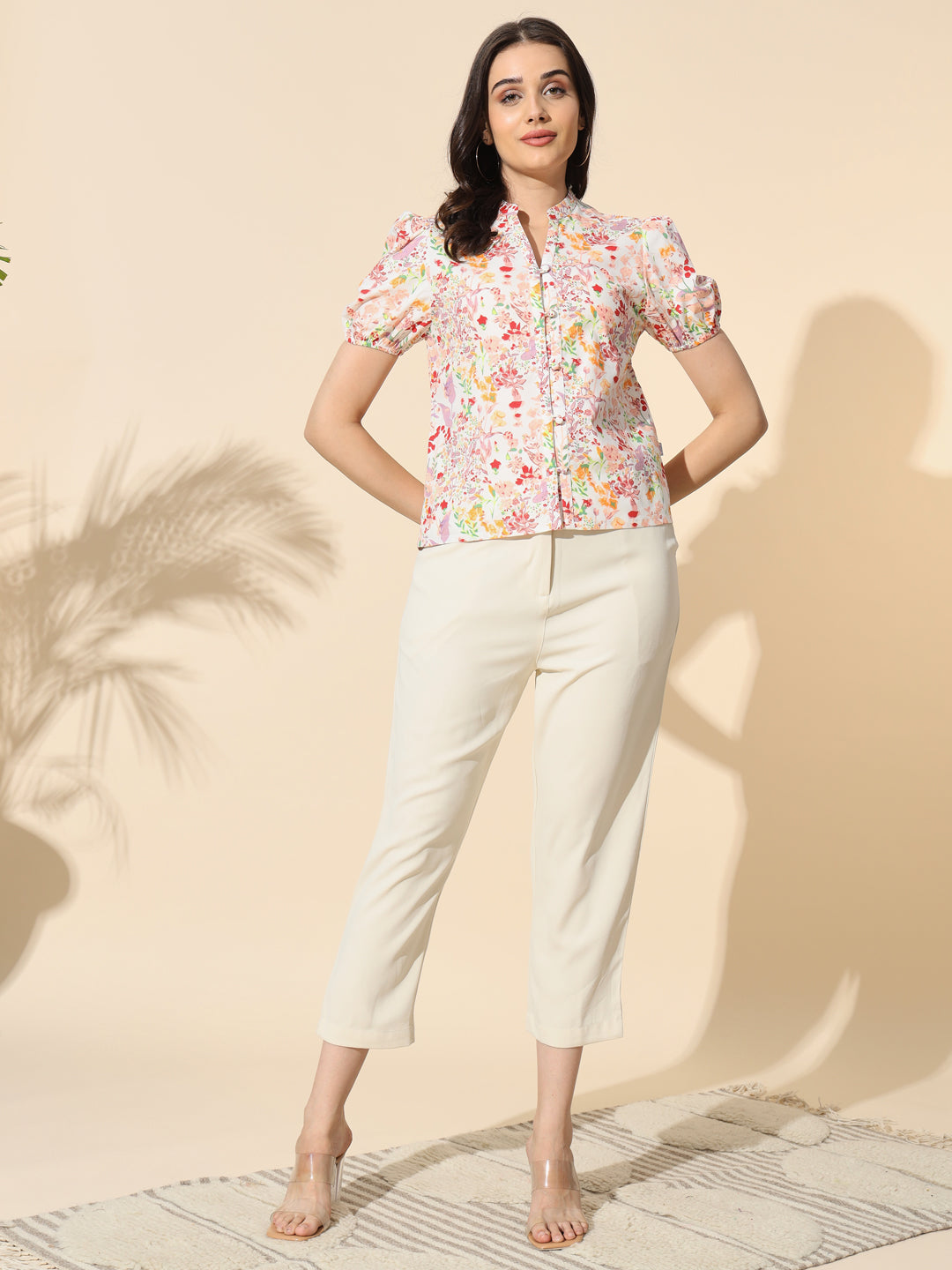 Printed Cotton Poplin Top With Puff Sleeve- #TP027