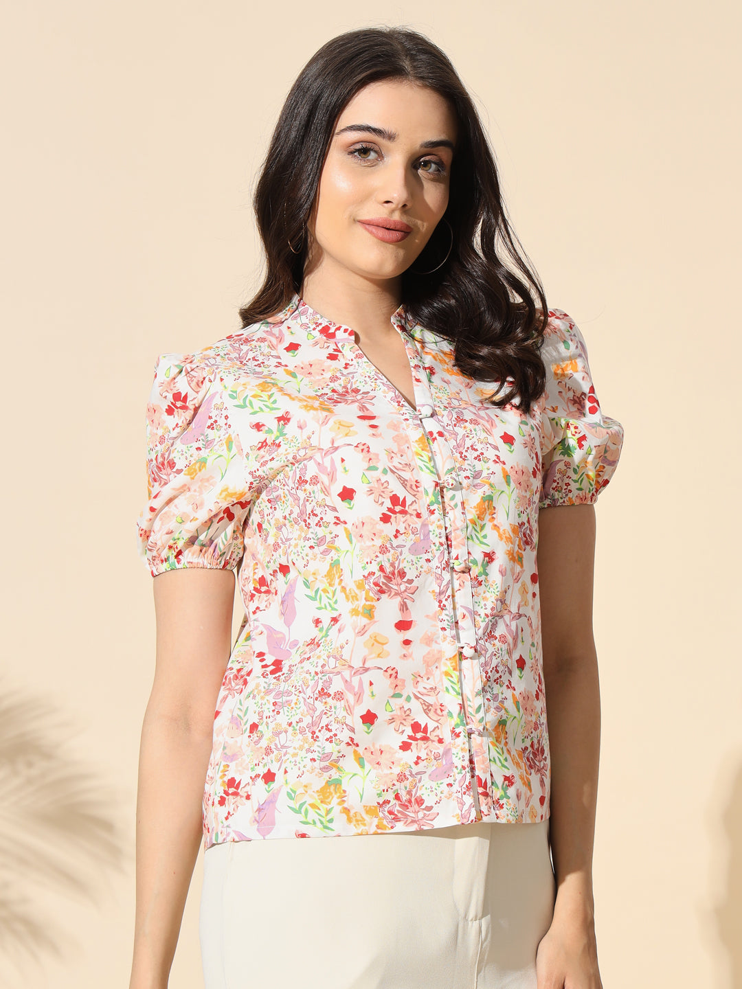 Printed Cotton Poplin Top With Puff Sleeve- #TP027