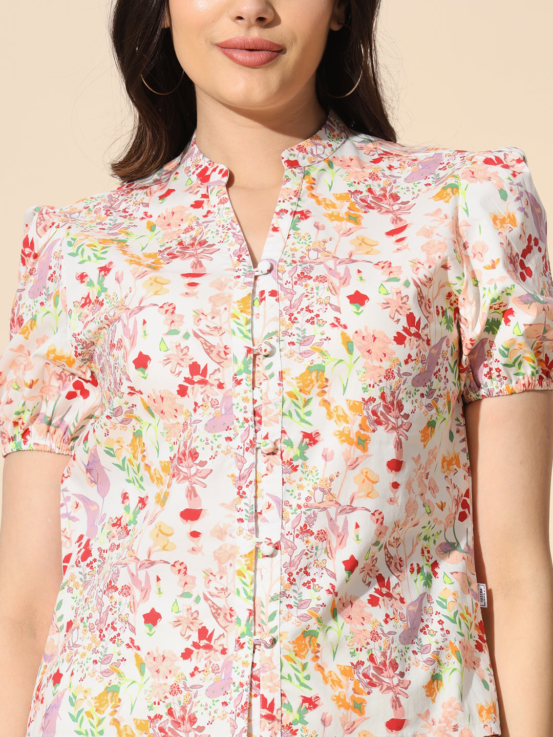 Printed Cotton Poplin Top With Puff Sleeve- #TP027