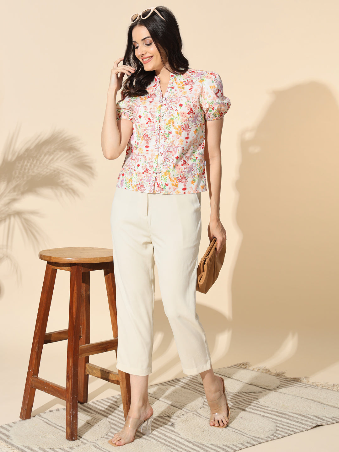 Printed Cotton Poplin Top With Puff Sleeve- #TP027