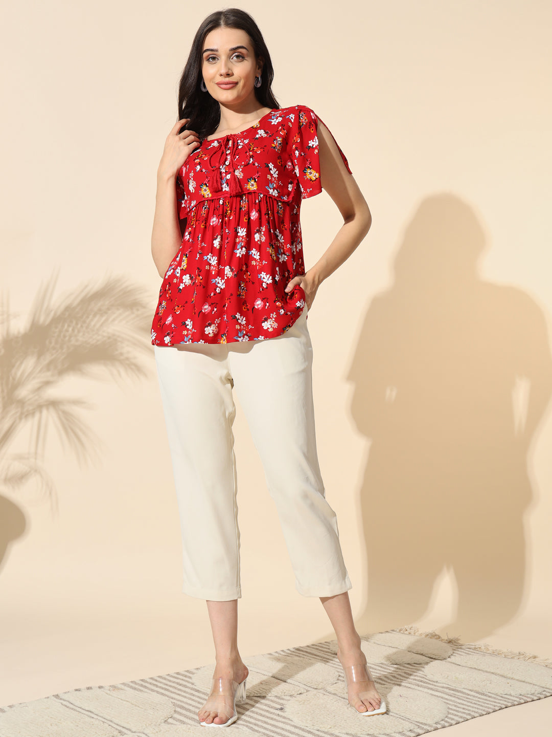 Printed Viscose Top With Tassels-#TP013-Red