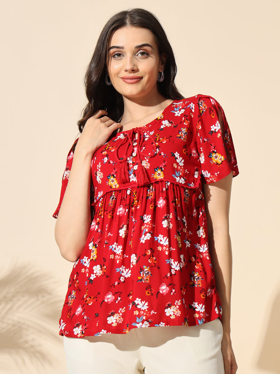 Printed Viscose Top With Tassels-#TP013-Red