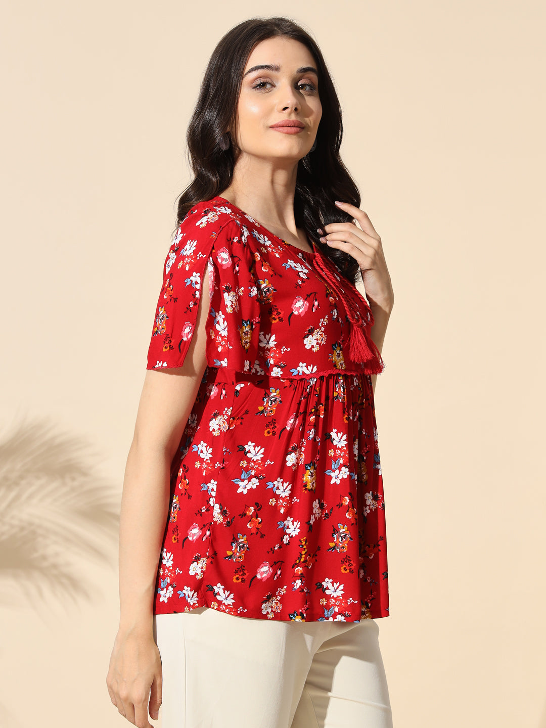 Printed Viscose Top With Tassels-#TP013-Red