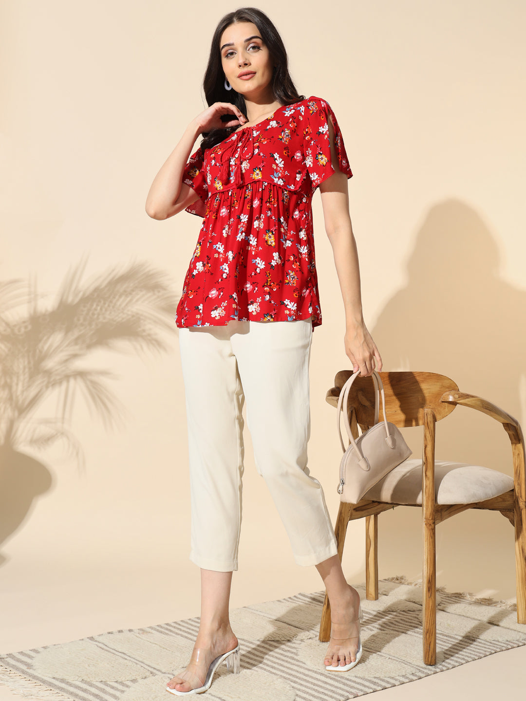 Printed Viscose Top With Tassels-#TP013-Red