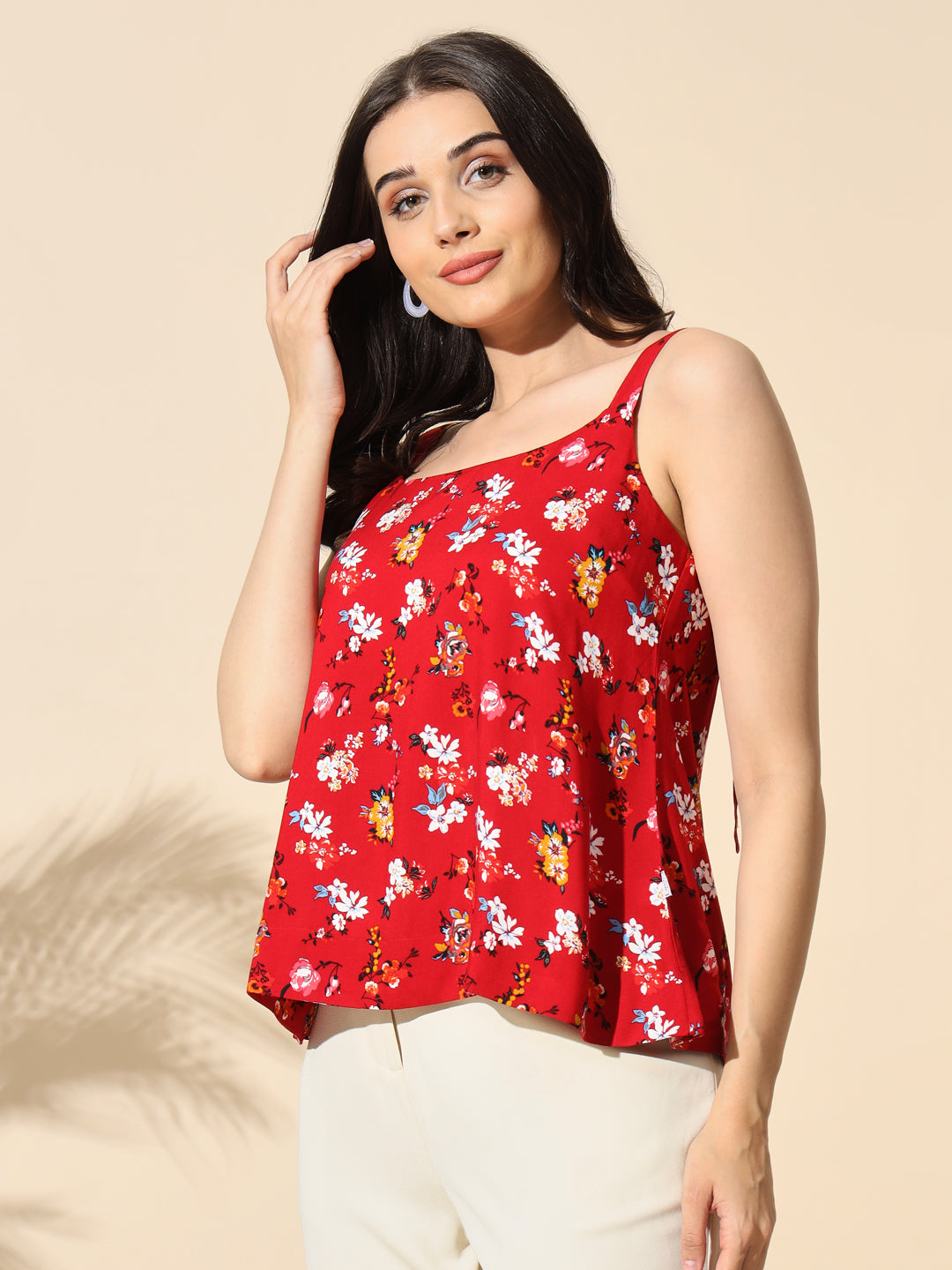 Red Printed Viscose Strap Top- #TP002-Red