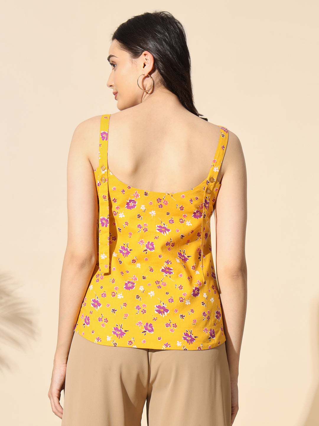 Yellow Printed Viscose Twill Strap Top- #TP002-Yellow