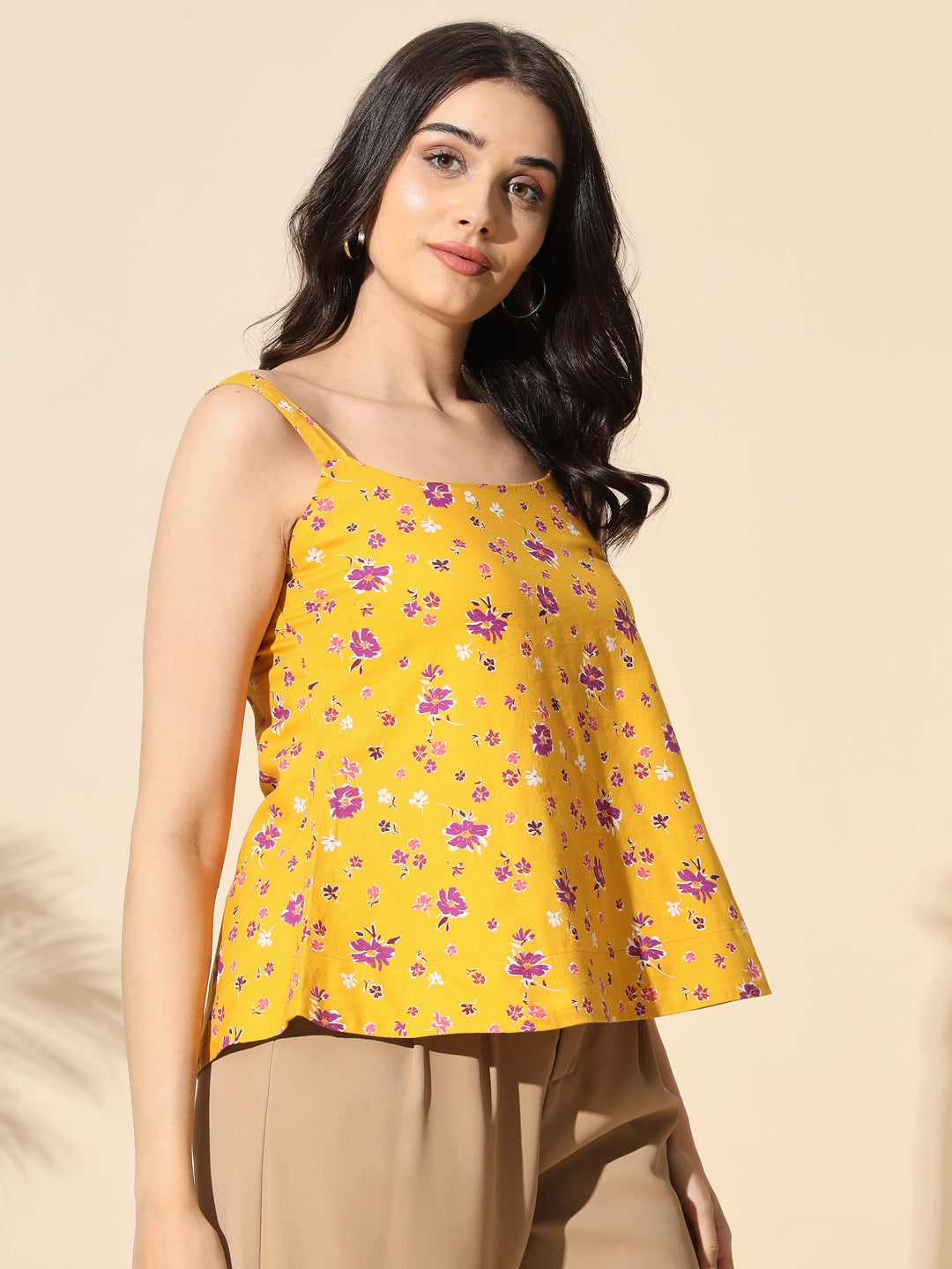 Yellow Printed Viscose Twill Strap Top- #TP002-Yellow