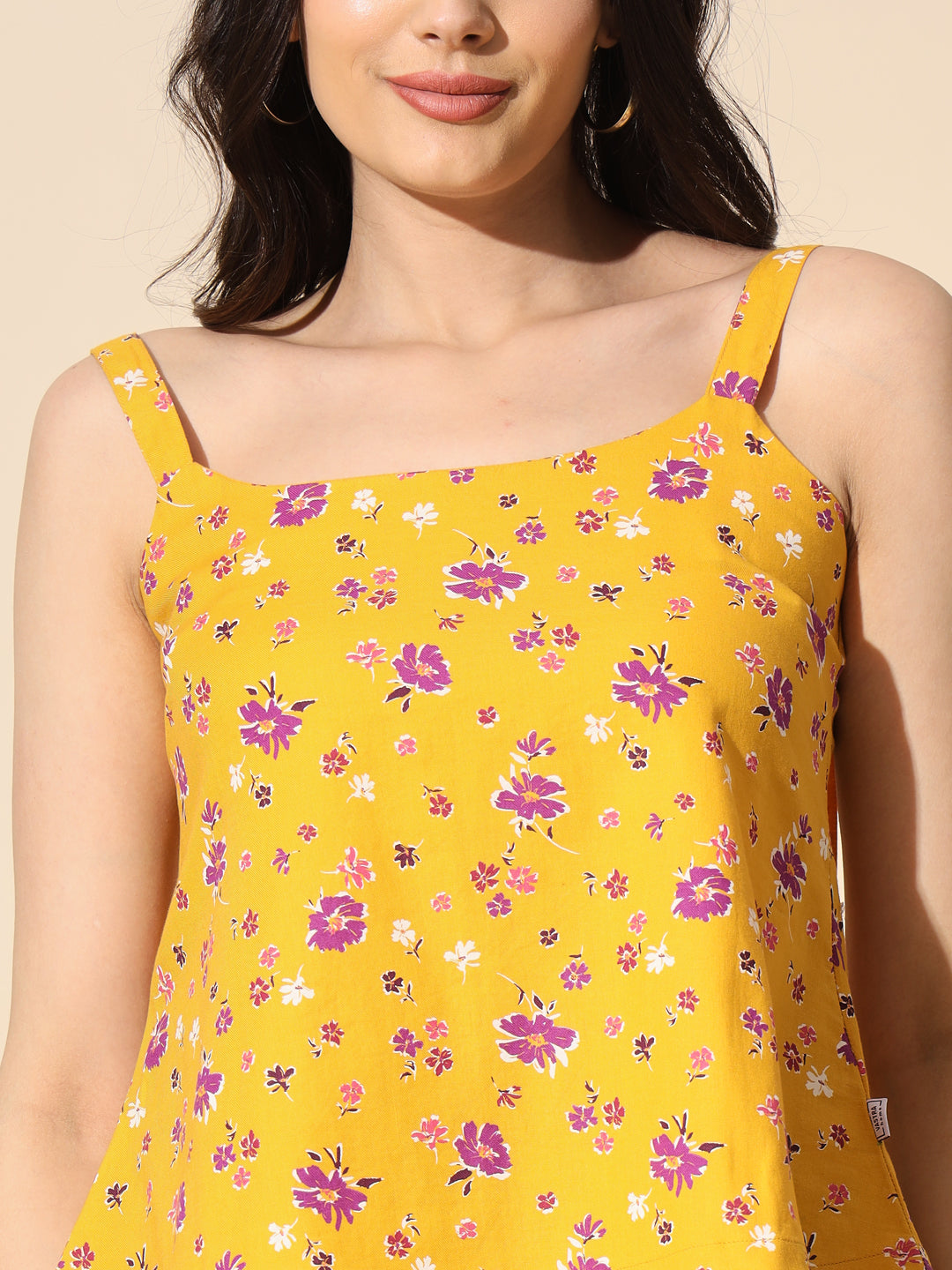 Yellow Printed Viscose Twill Strap Top- #TP002-Yellow