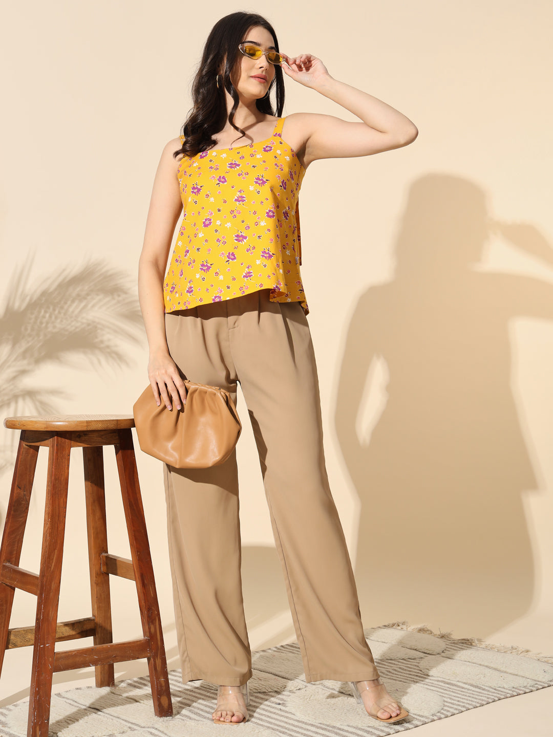 Yellow Printed Viscose Twill Strap Top- #TP002-Yellow