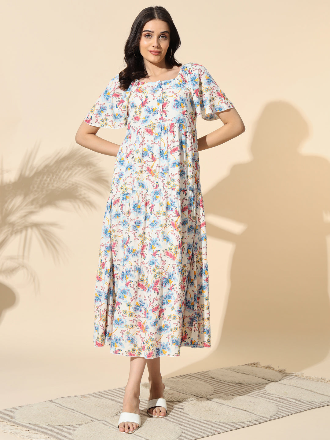 Floral Printed Rayon Crepe Gathered Dress- #DR028