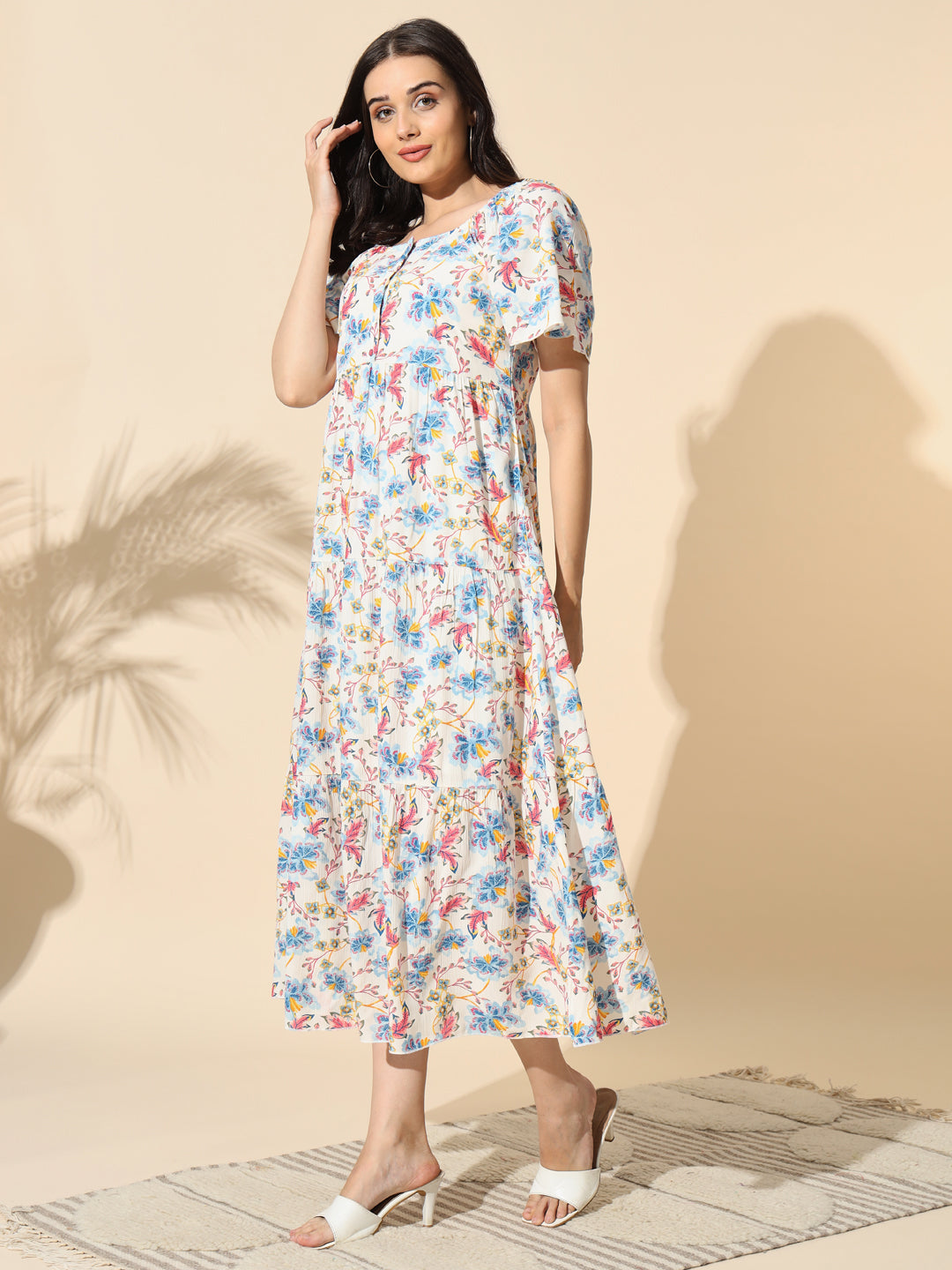 Floral Printed Rayon Crepe Gathered Dress- #DR028