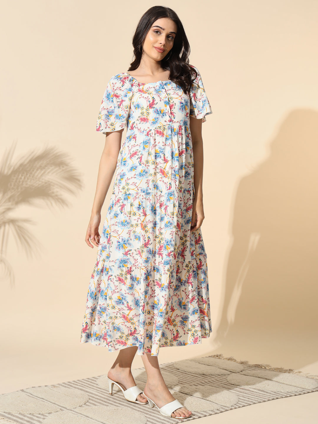 Floral Printed Rayon Crepe Gathered Dress- #DR028