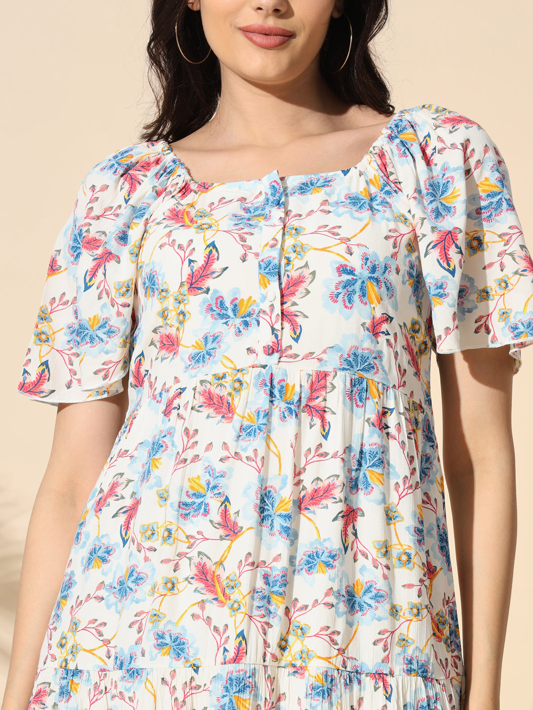 Floral Printed Rayon Crepe Gathered Dress- #DR028