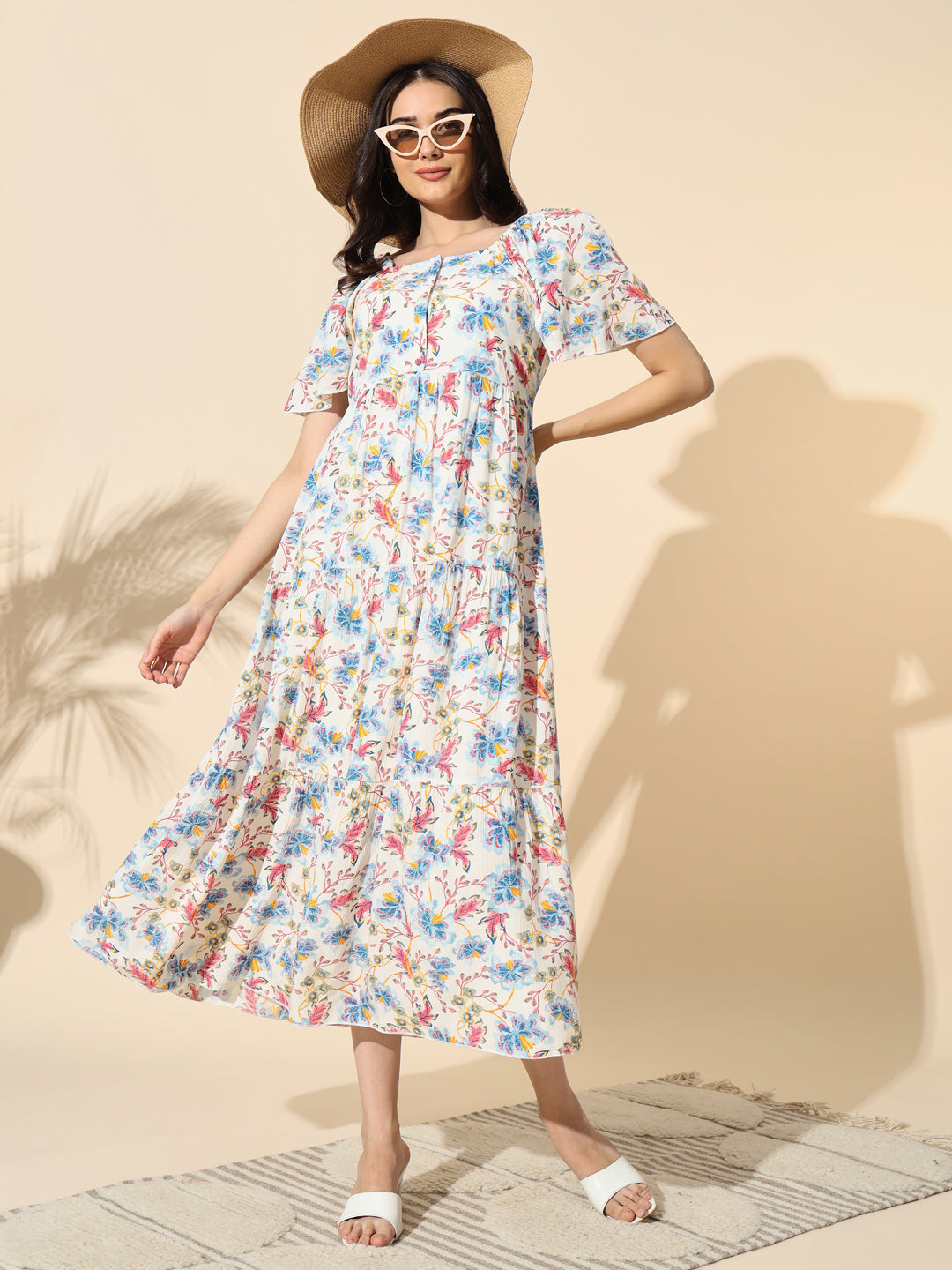 Floral Printed Rayon Crepe Gathered Dress- #DR028