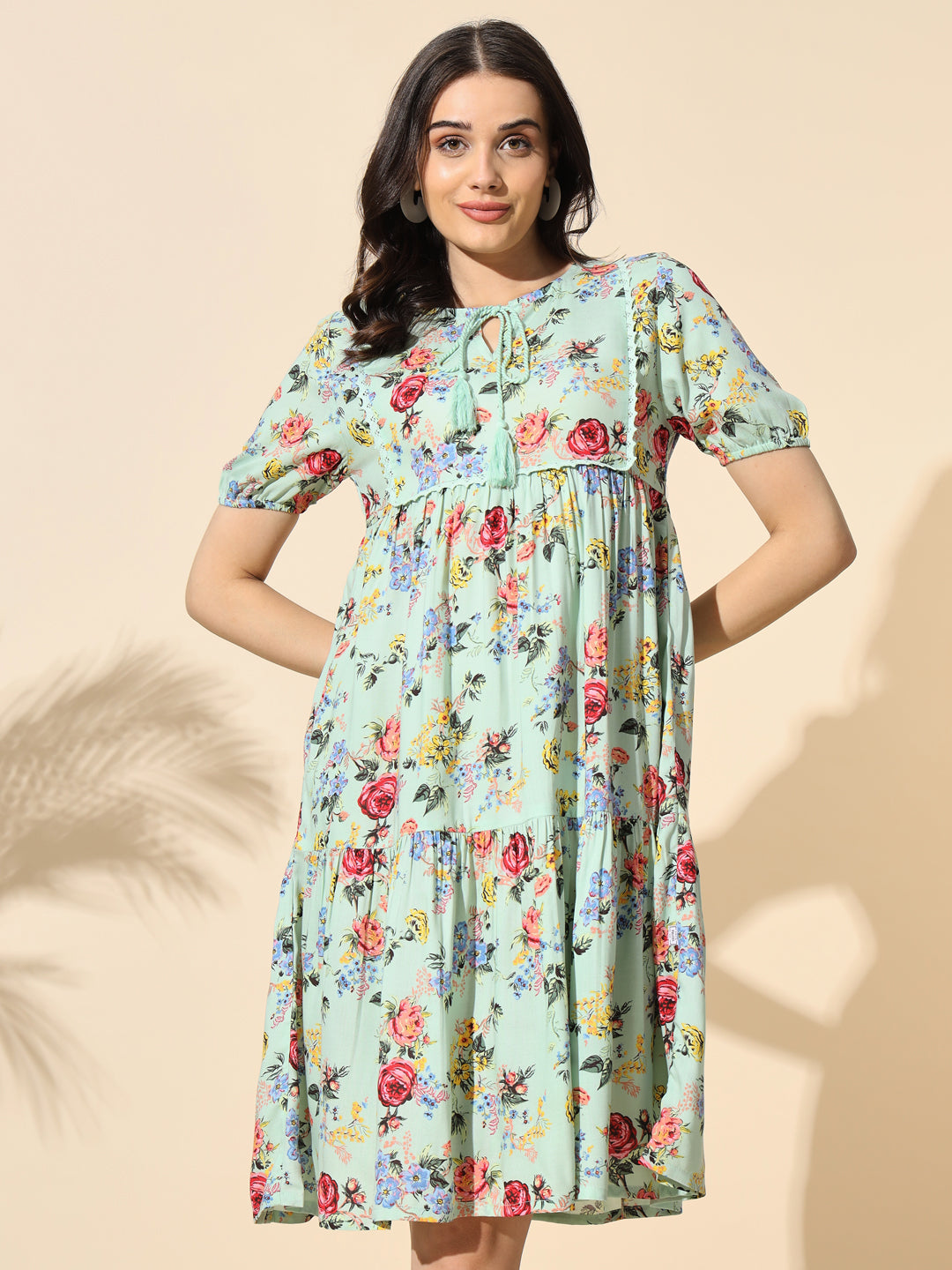 Printed Viscose Tunic With Tassel and Cotton Lace- #TU012- Green