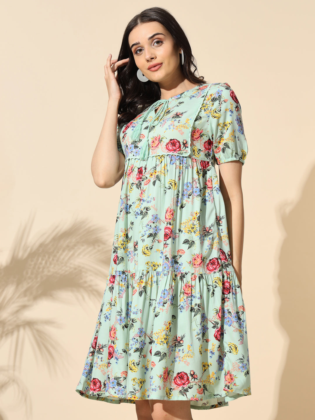 Printed Viscose Tunic With Tassel and Cotton Lace- #TU012- Green