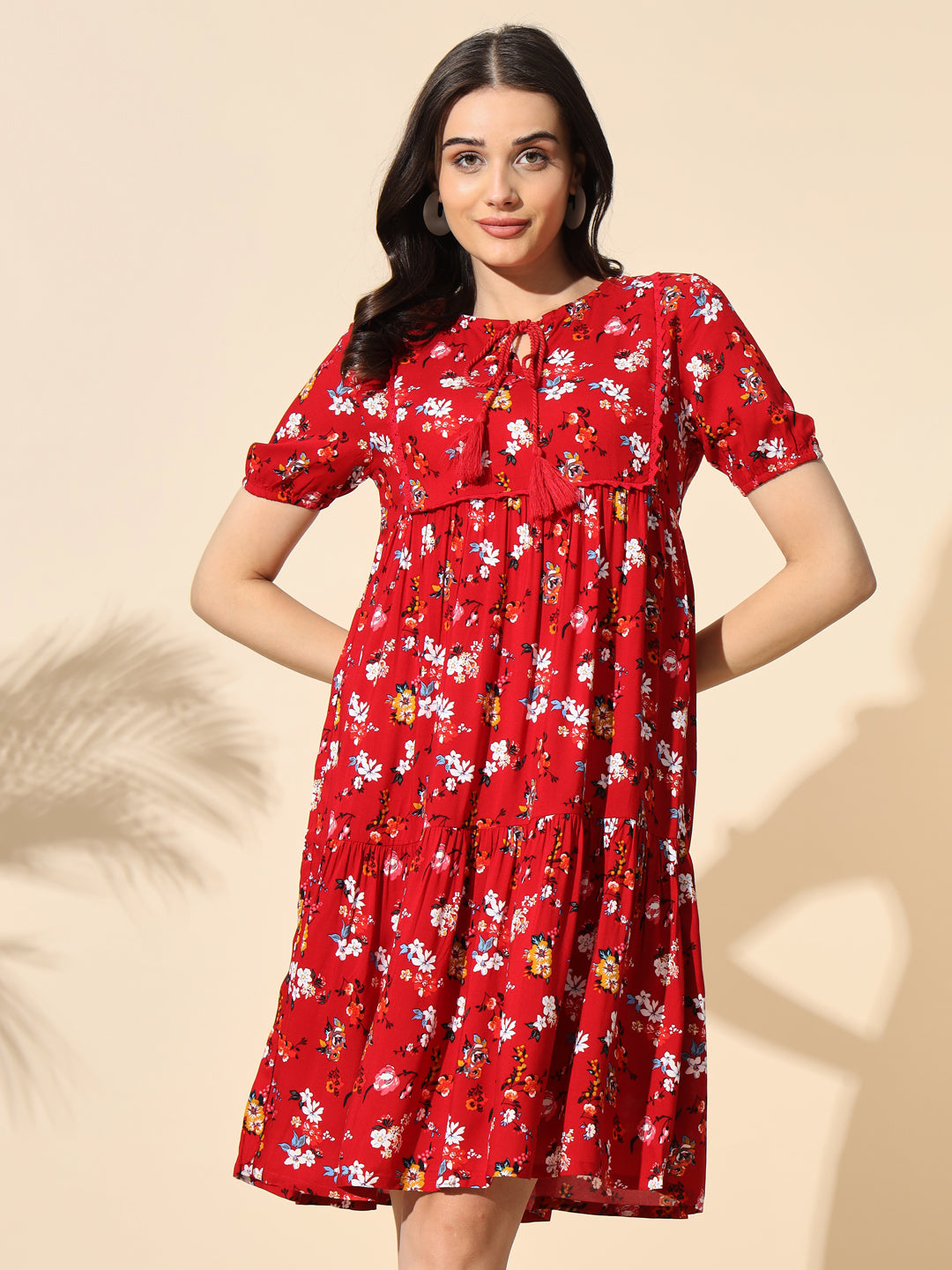 Printed Viscose Tunic With Tassel and Cotton Lace- #TU012-Red